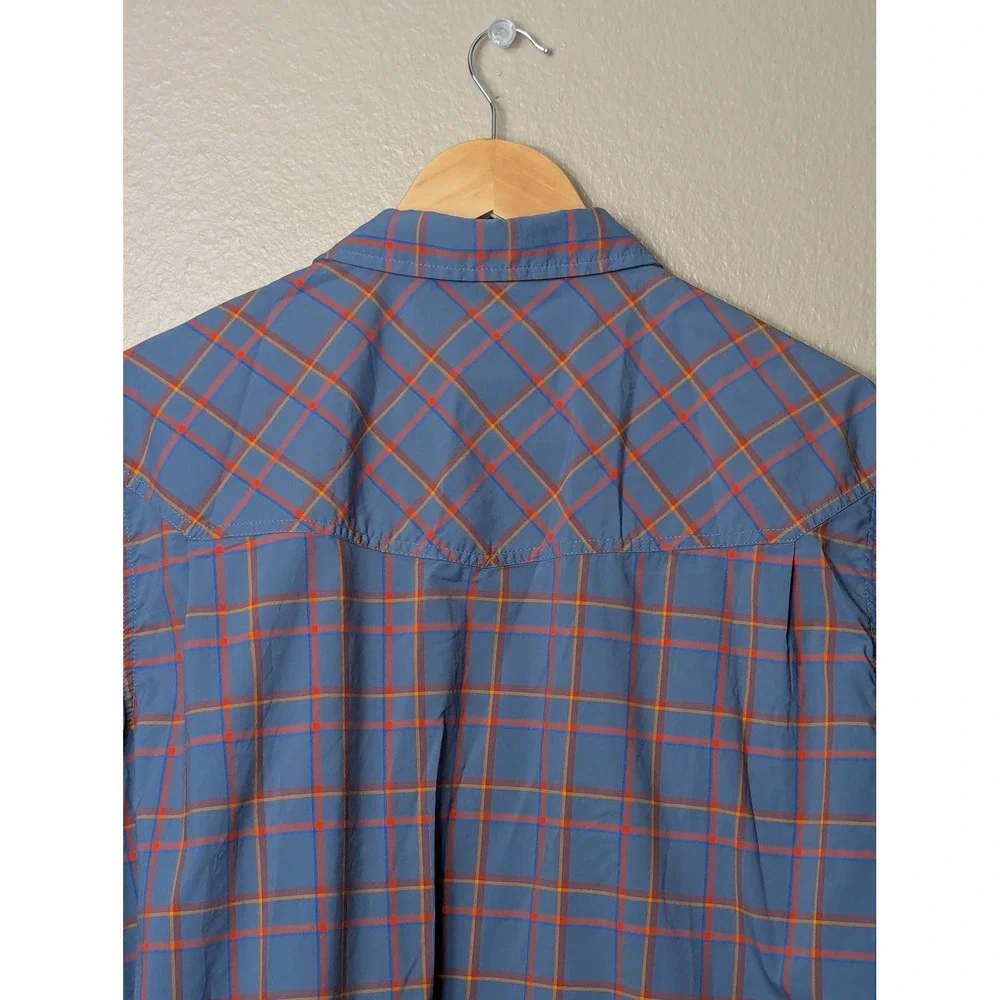 Stio Pearl Snap Shirt Mens Large Blue Orange Plaid Short Sleeve Hiking #2338